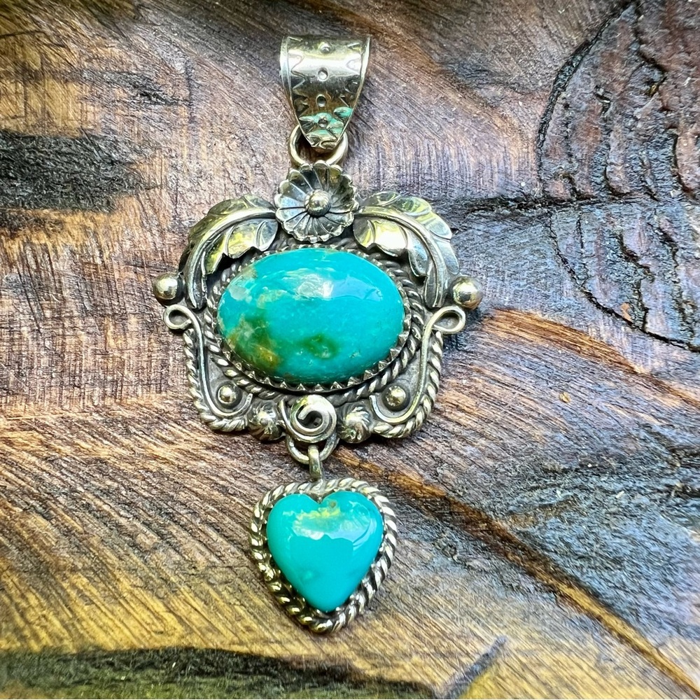 Hand Crafted Turquoise Blue Oval and Heart Pendant Necklace